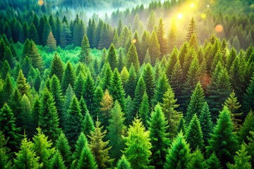 Canvas Print - Aerial View of a Lush Green Pine Forest Emphasizing the Splendor of Untouched Nature with Bokeh Effect, Inviting Serenity and Tranquility in a Natural Landscape