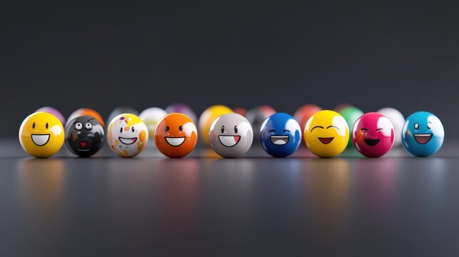 A vibrant collection of rounded 3D emoticons displayed in a table format, showing a variety of facial expressions, from smiling to serious.