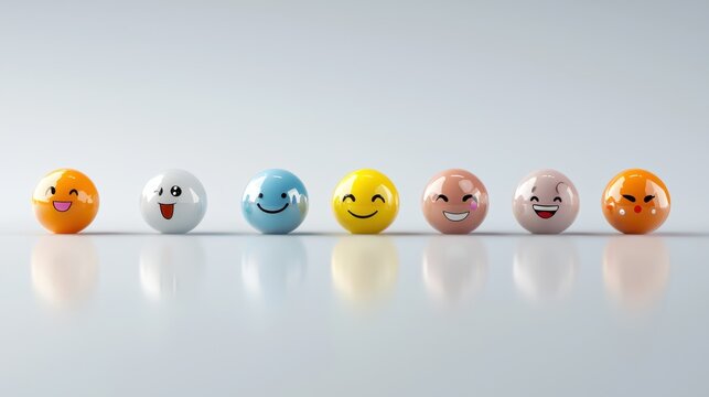 A vibrant collection of rounded 3D emoticons displayed in a table format, showing a variety of facial expressions, from smiling to serious.