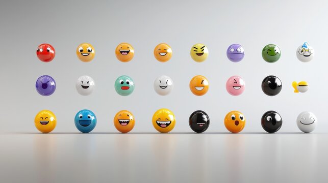 A vibrant collection of rounded 3D emoticons displayed in a table format, showing a variety of facial expressions, from smiling to serious.