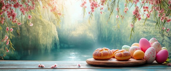 Easter bread and colored eggs on wooden board with cherry blossom branches. Spring holiday celebration content