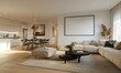 © ffunn - modern living room interior design with a white blank wall mockup frame on the wooden floor and a light beige sofa, black coffee table, and dining area in the background