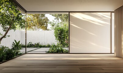 modern, empty room with a white wall and wooden floor. Minimal home interior design of a living space mock-up, with a panoramic window view to the garden landscape outside the glass door