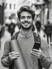 Poster - Smiling Man with Yoga Mat on City Street