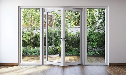 modern, empty room with a white wall and wooden floor. Minimal home interior design of a living space mock-up, with a panoramic window view to the garden landscape outside the glass door. A blank temp