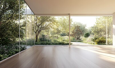 modern, empty room with a white wall and wooden floor. Minimal home interior design of a living space mock-up, with a panoramic window view to the garden landscape outside the glass door