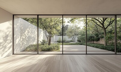 modern, empty room with a white wall and wooden floor. Minimal home interior design of a living space mock-up, with a panoramic window view to the garden landscape outside the glass door