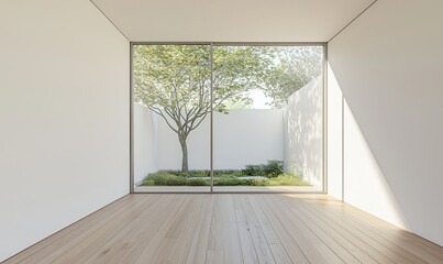 modern, empty room with a white wall and wooden floor. Minimal home interior design of a living space mock-up, with a panoramic window view to the garden landscape outside the glass door