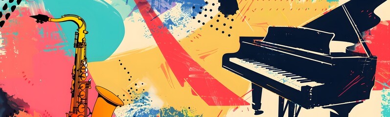 Jazz music background poster band instrument concert piano art abstract. Background jazz saxophone music flyer illustration design party festival singer orchestra player musician fest banner guitar. 