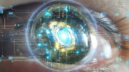 Aufkleber - Binary circuit board future technology, human eye technology pupil close-up. 