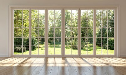 modern, empty room with a white wall and wooden floor. Minimal home interior design of a living space mock-up, with a panoramic window view to the garden landscape outside the glass door