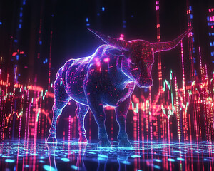 Poster - Digital Bull Market with Stock Graphs and Neon Lights
