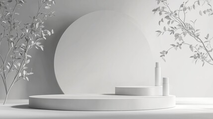 Poster - minimalist display with circular podiums and skincare products in a serene white setting during dayl