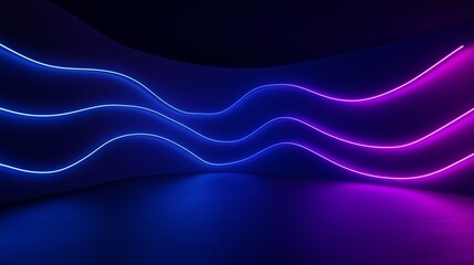 Poster - vibrant neon waves illuminate a modern interior space with dynamic blue and pink lighting at night
