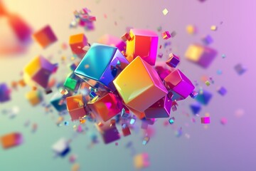 Poster - Vibrant abstract composition of colorful cubes floating in a dreamy background, creating a mesmerizing visual effect