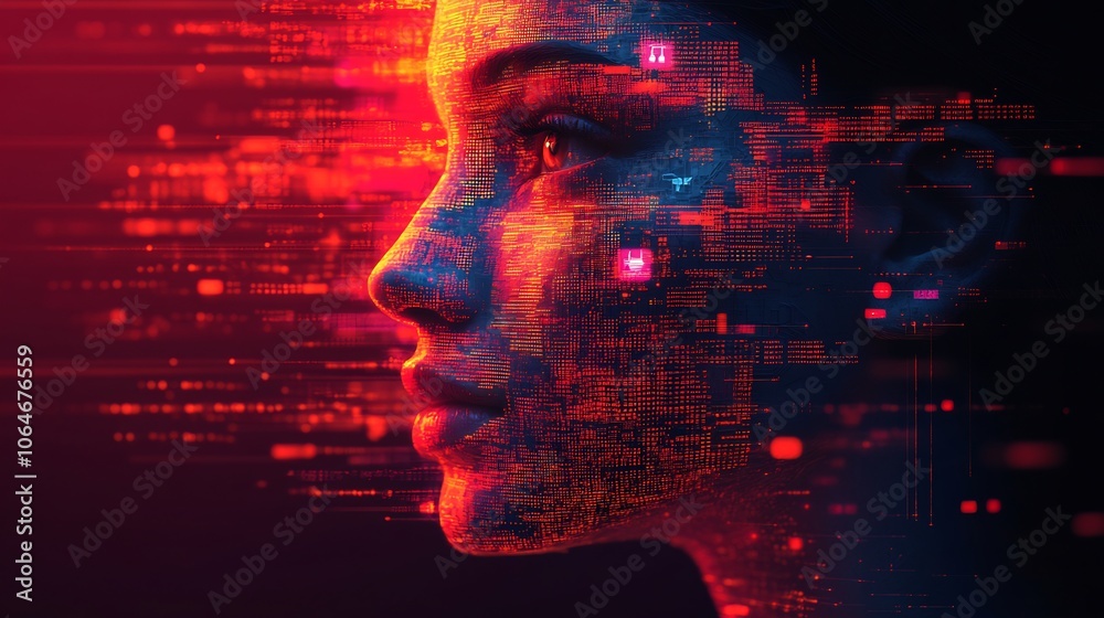 Digital human face made up of glowing code circuit patterns surrounded ...