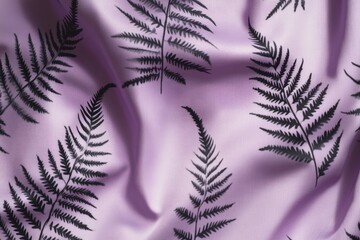 a close up of a purple fabric with black leaves on it