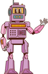 Leinwandbilder - Cartoon retro groovy robot character with playful expression, antenna and friendly smile. Vintage futuristic personage with knobs, gears and metallic limbs, exuding fun, nostalgic sci-fi vibe of 1980s