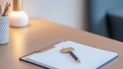 Poster - A tidy workspace featuring a clipboard, pen, and decorative planter with pencils in a modern office setting