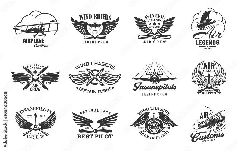 Airplane and aircraft vector icons of retro biplanes, propellers and ...