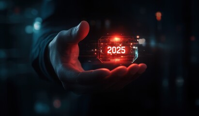 Poster - A futuristic hand holds a glowing device displaying 