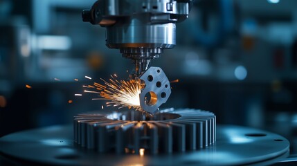 Poster - Metalworking process showcasing a CNC machine cutting a complex part, surrounded by sparks in a workshop setting