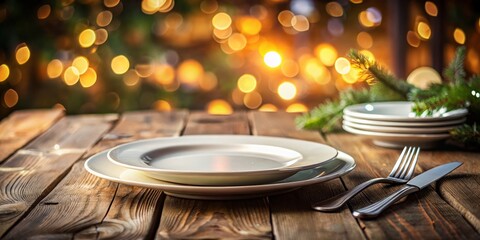 Canvas Print - Elegant Empty White Plate and Kitchenware Set on a Rustic Wooden Background with Bokeh Effect for a Cozy Dining Atmosphere and Culinary Presentation