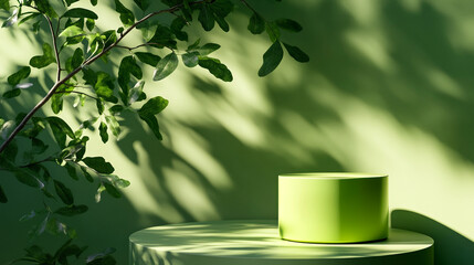 Green cylindrical object on a circular pedestal surrounded by leaves in soft natural light