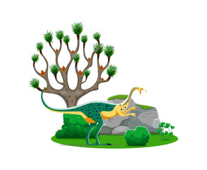 Elmisaurus prehistoric dinosaur character, genus of theropod dino from the Late Cretaceous. Isolated cartoon vector omnivore bipedal reptile animal at lush landscape with tree, rock and green plants