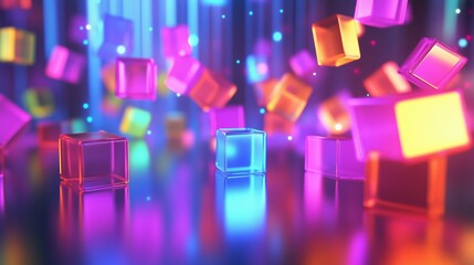 Poster - Vibrant floating cubes in a colorful digital environment with neon lighting effects at night