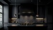 © afrah - Dark matte kitchen hood in a luxurious, dark-themed kitchen with black cabinetry, gold fixtures, and ambient lighting