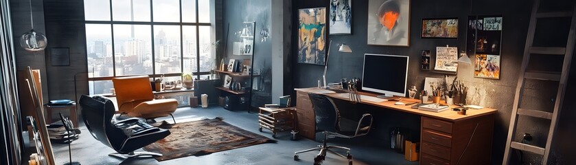 Aufkleber - modern artist's loft studio with city view and desk