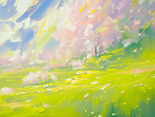 Poster - An impressionistic landscape painting featuring a bright green meadow with blooming flowers under a blue sky, conveying a sense of nature's beauty for art.