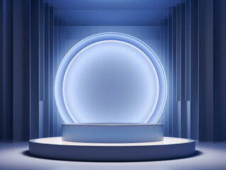 Poster - A futuristic presentation backdrop featuring a circular podium illuminated by soft blue lighting, set in a sleek, modern environment for business.