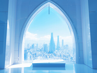 Poster - A futuristic interior view showcasing a large arched window with a panoramic city skyline beyond, bathed in blue light for architecture.