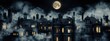 © David Giraud - Une ville victorienne sombre avec des bâtiments noirs et de la fumée, la nuit, une lune dans le ciel et des fenêtres allumées.