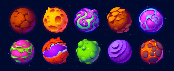 Poster - Cartoon fantasy galaxy alien space planets on night sky background, vector game UI. Outer space planets of alien universe galaxy or magic world with stone and fire lava surface, craters and cracks
