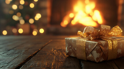 Poster - A beautifully wrapped gift with an elegant golden bow, sitting on a wooden table near a softly glowing fireplace for holiday.