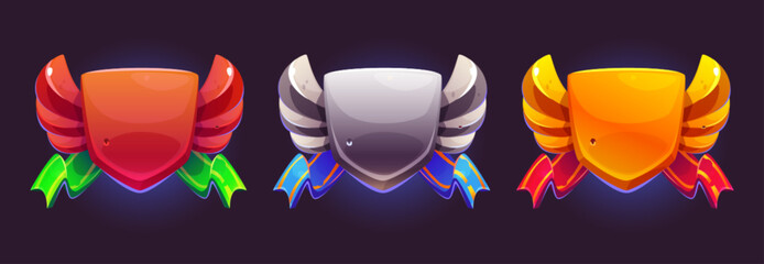 Poster - Game award shields with winged heraldic design, colorful ribbons and empty space. Bronze, silver and golden blank templates for achievement badges, avatar ranks or medals in medieval interface.