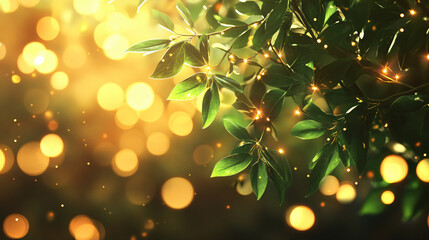 Poster - A captivating close-up of green leaves illuminated by warm bokeh lights, creating a magical and vibrant atmosphere for nature.
