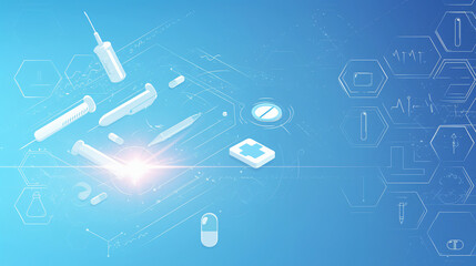 Poster - A digital illustration showcasing various medical tools and symbols arranged in a futuristic style on a blue background for science.