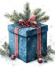 Elegant christmas gift box watercolor painting with red ribbon and pine branches