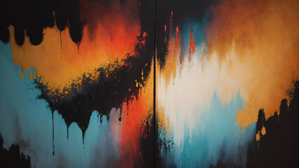 Poster - An abstract painting featuring bold strokes of vibrant colors including orange, black, and blue, creating a dynamic visual impact for graphic resources.