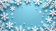 © Anna - White snowflakes on light blue background. An origami-style winter scene. Christmas and New Year's postcard with copy space