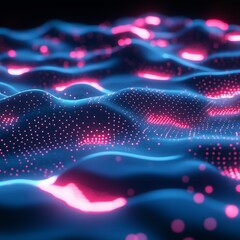 Poster - vibrant digital landscape of waves illuminated by blue and pink dots, showcasing a futuristic abstra