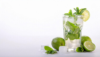 Mojito cocktail with lime and mint in highball glass on a grey stone background Copy space