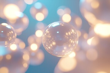Poster - Bubbles floating in soft blue light create a dreamy atmosphere with shimmering reflections in a serene environment