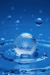 Poster - A crystal-clear water droplet suspended above a blue surface, creating ripples and showcasing intricate details within the droplet for science.
