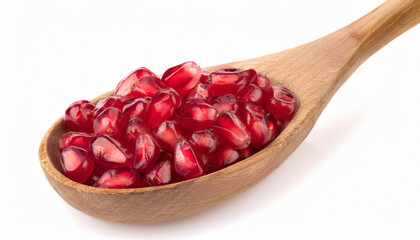 Wall Mural - Flying air Ripe juicy pomegranate grains in wooden spoon isolated on white background. ai generated