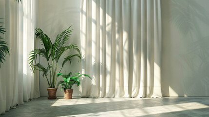 Poster - A minimalistic interior scene featuring potted plants beside flowing white curtains, illuminated by soft sunlight for lifestyle.